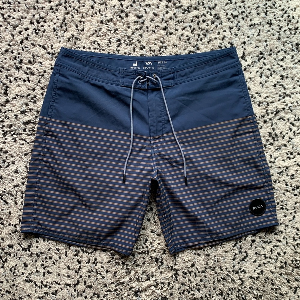 RVCA Industry Board Shorts Men's Navy Blue Gold Stripe Lightweight Stretch 34